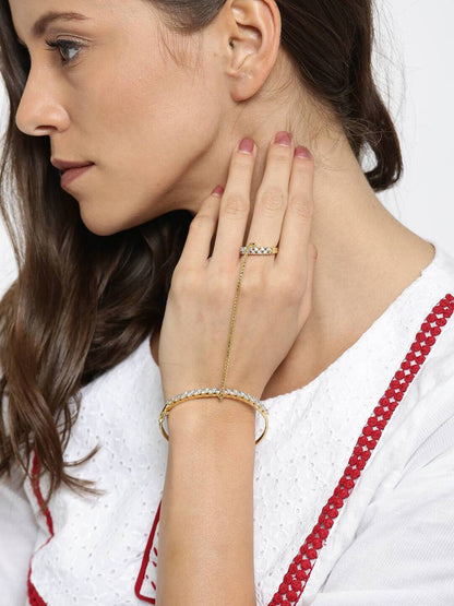 Gold Plated American Diamond Bracelet with Finger Ring For Women