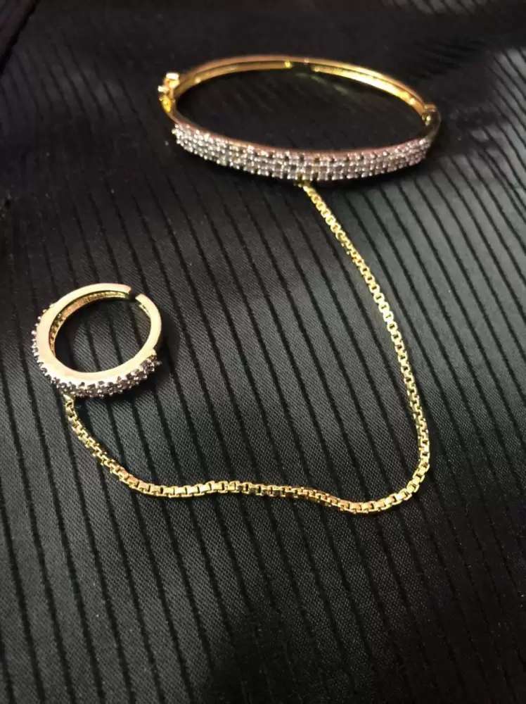 Gold Plated American Diamond Bracelet with Finger Ring For Women