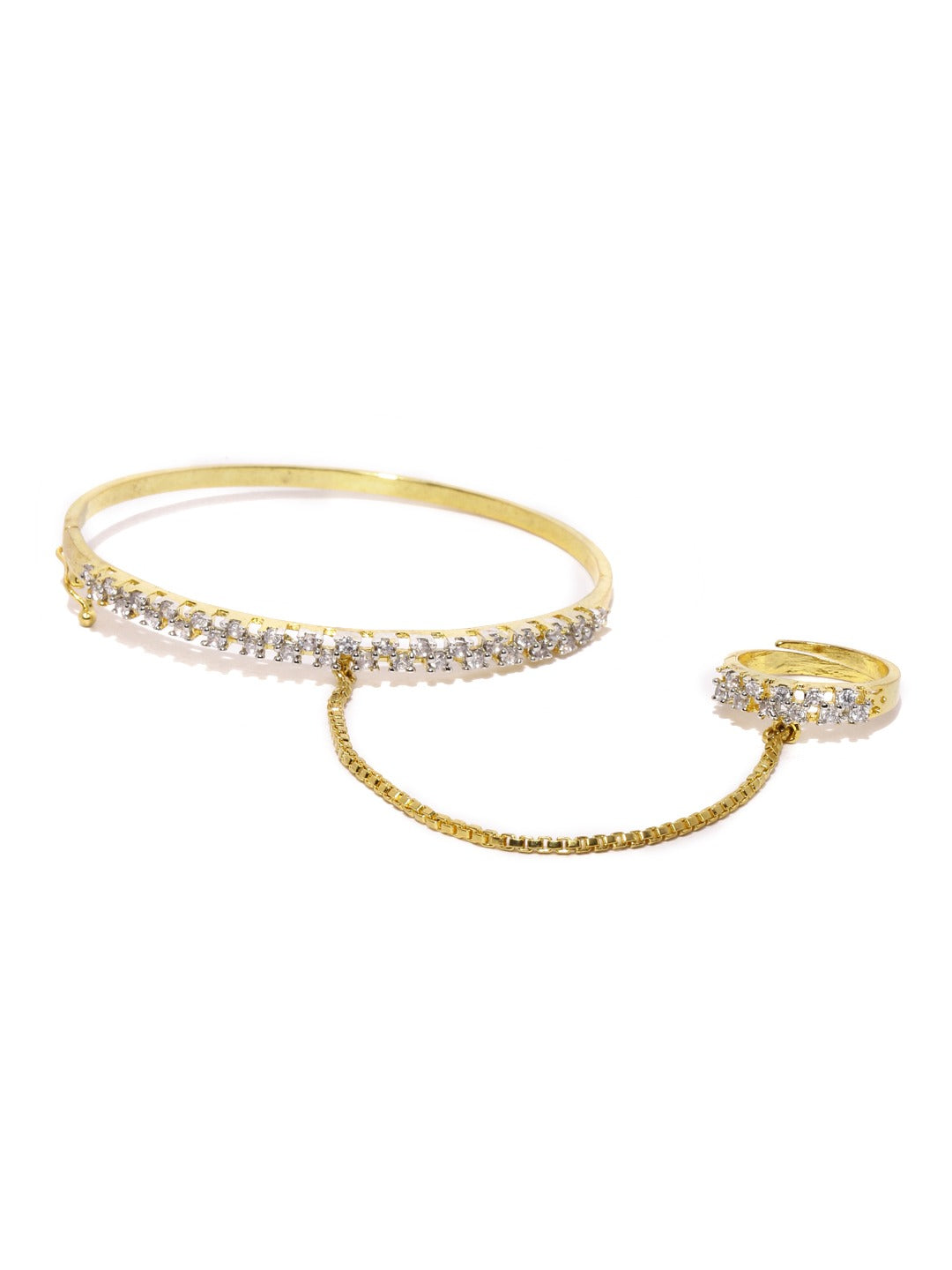Gold Plated American Diamond Bracelet with Finger Ring For Women