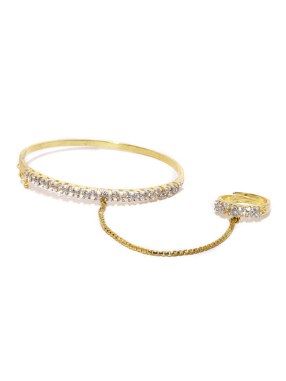 Gold Plated American Diamond Bracelet with Finger Ring For Women