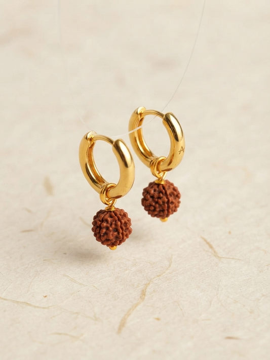 Gold-Plated Huggie Hoop Baali with Natural Rudraksha Bead Charms
