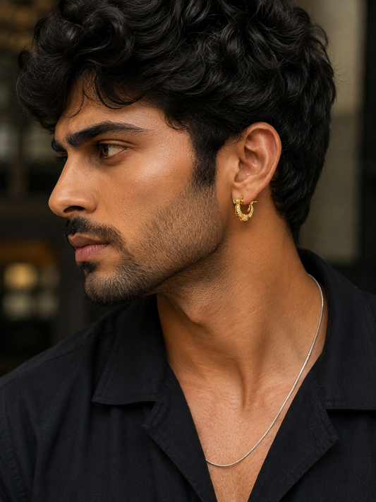 Gold-Plated Textured Crescent Half-Hoop Earrings with Stone Accents