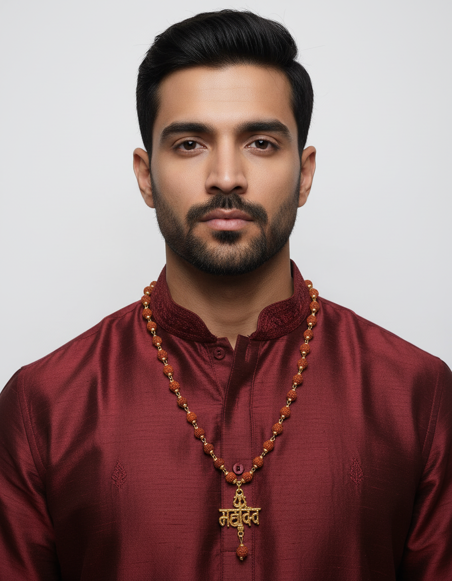 Gold Plated 'Mahadev' Hindi Text Pendant with Rudraksha Mala Chain – Religious Lord Shiva Locket for Men