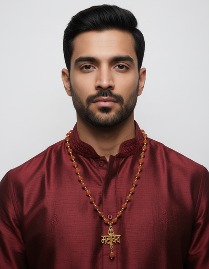 Gold Plated 'Mahadev' Hindi Text Pendant with Rudraksha Mala Chain – Religious Lord Shiva Locket for Men