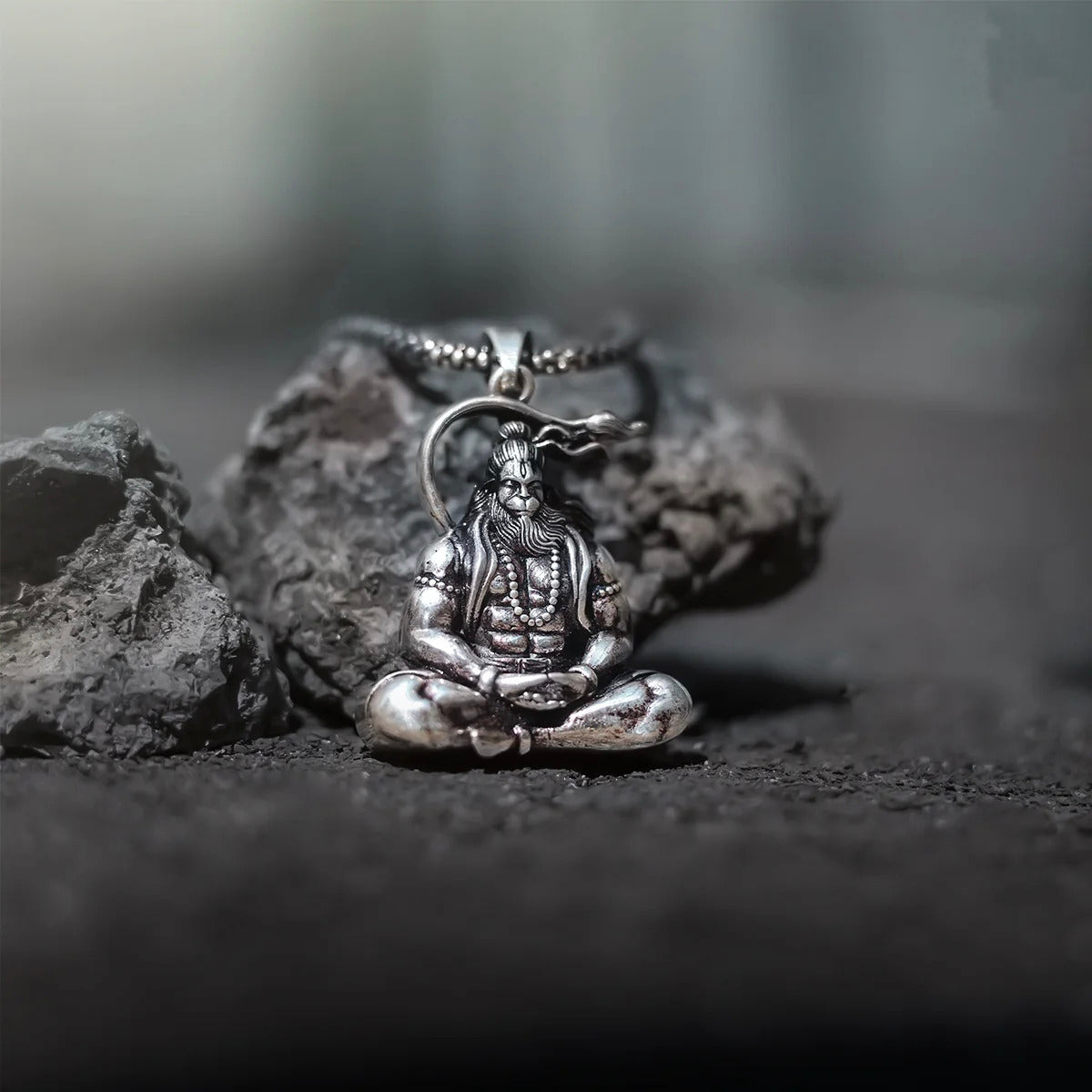 Gujju Jewellers Present Meditation Hanuman Ji - Hanuman Raksha Kavach Silver Pendant Chain