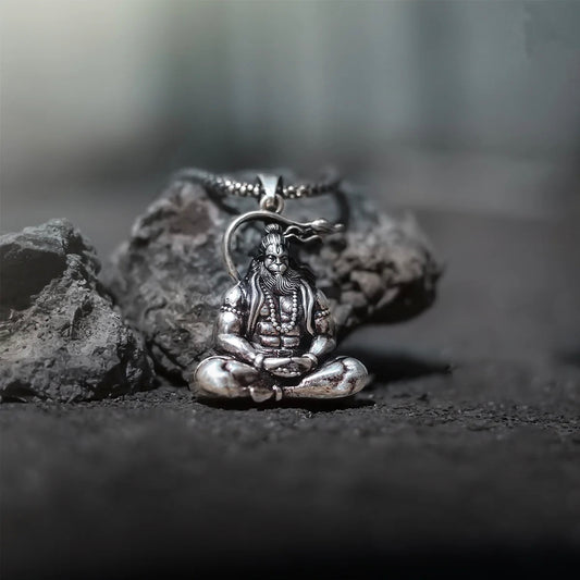 Gujju Jewellers Present Meditation Hanuman Ji - Hanuman Raksha Kavach Silver Pendant Chain