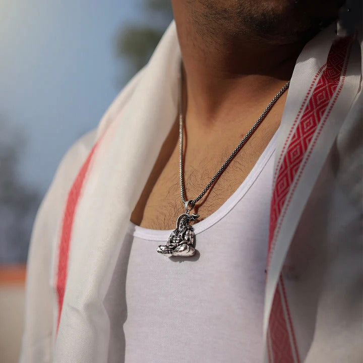 Gujju Jewellers Present Meditation Hanuman Ji - Hanuman Raksha Kavach Silver Pendant Chain