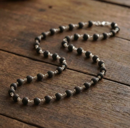 Krungali Rosary-Style Silver-Linked Black Beads Mala with Silver Caps