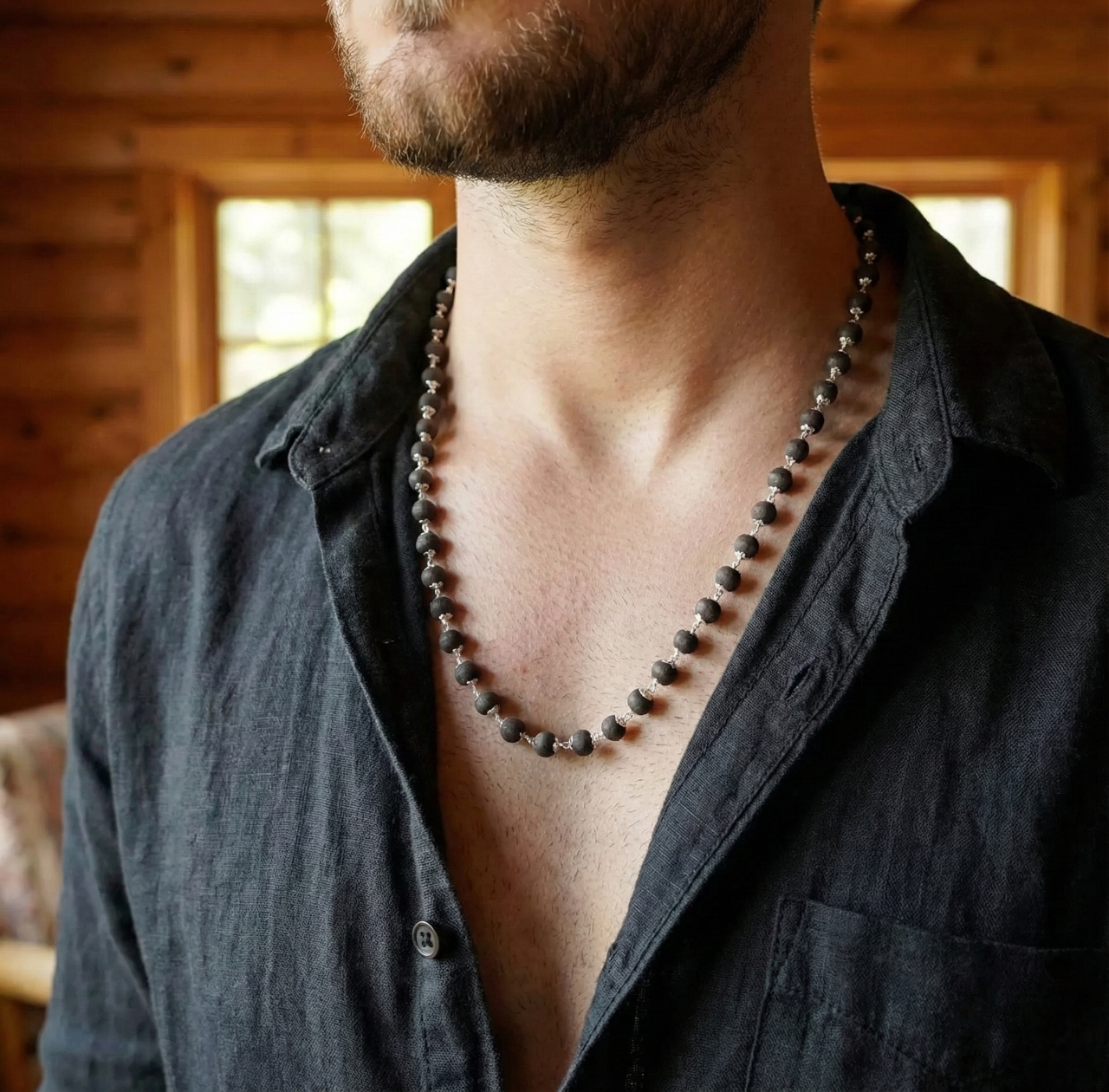Krungali Rosary-Style Silver-Linked Black Beads Mala with Silver Caps
