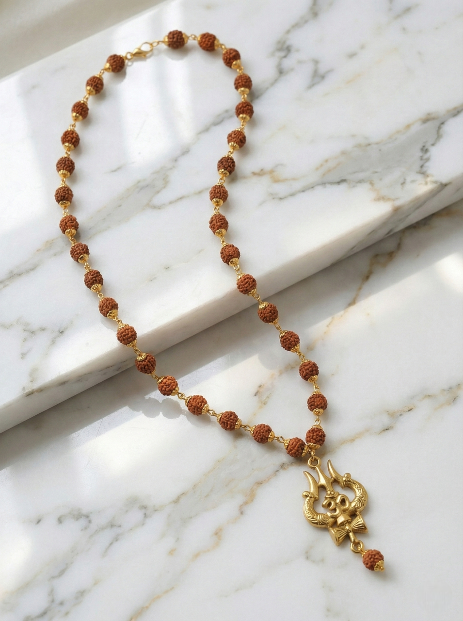 Gold Plated Trishul & Damru Pendant with Rudraksha Mala – Lord Shiva Mahadev Locket for Men