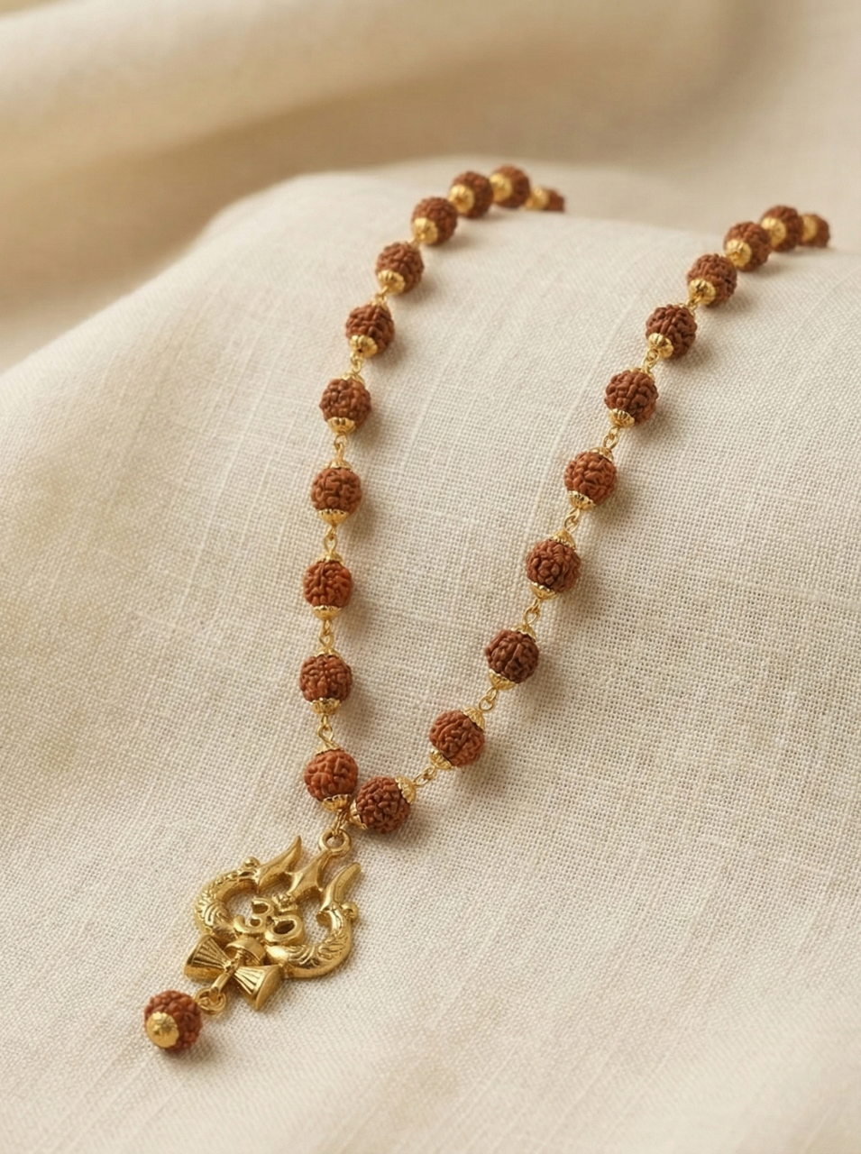 Gold Plated Trishul & Damru Pendant with Rudraksha Mala – Lord Shiva Mahadev Locket for Men