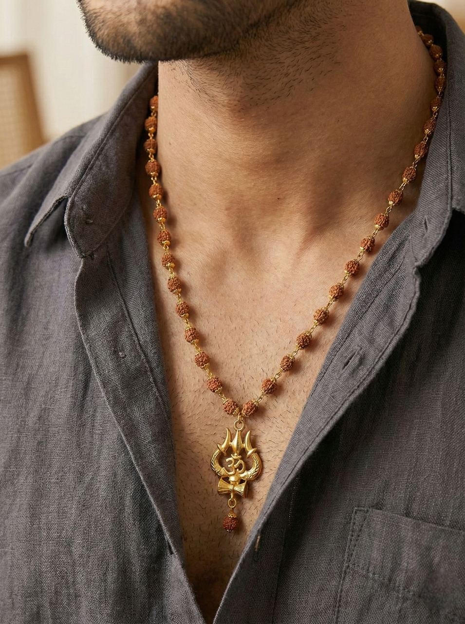 Gold Plated Trishul & Damru Pendant with Rudraksha Mala – Lord Shiva Mahadev Locket for Men
