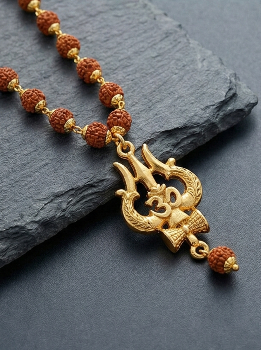Gold Plated Trishul & Damru Pendant with Rudraksha Mala – Lord Shiva Mahadev Locket for Men