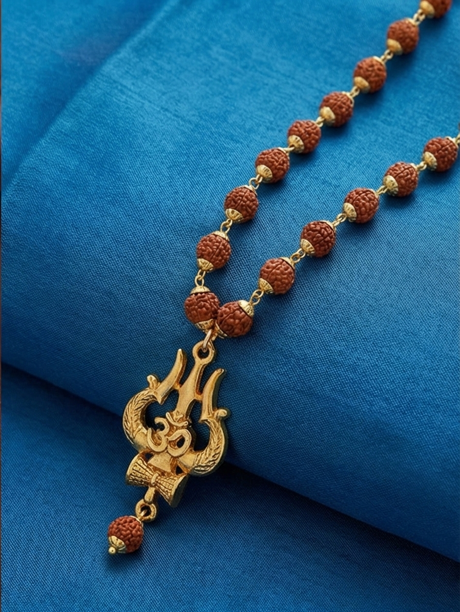 Gold Plated Trishul & Damru Pendant with Rudraksha Mala – Lord Shiva Mahadev Locket for Men
