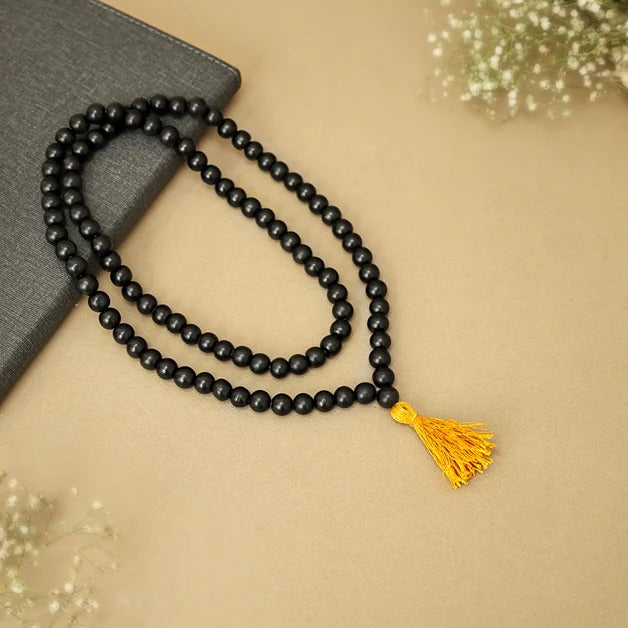 Matte Black Karungali Mala Beads With Orange Tassel