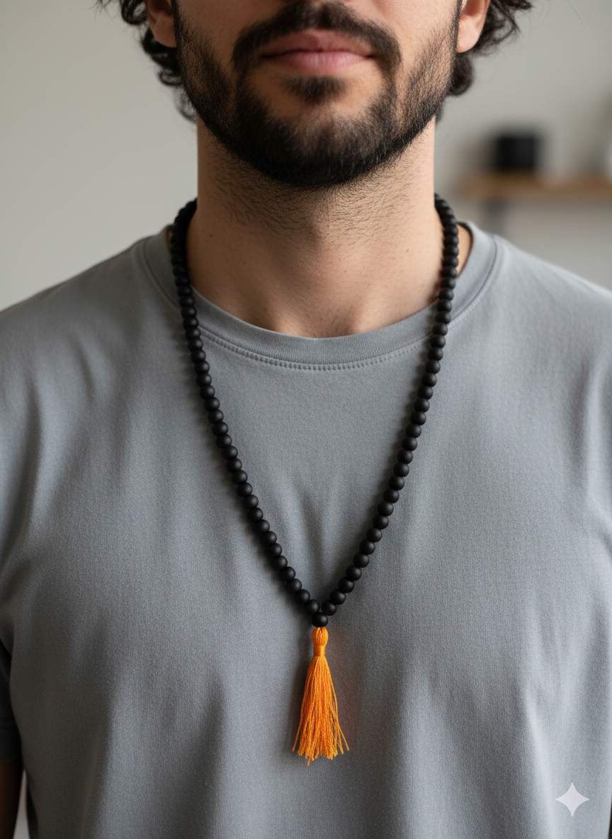 Matte Black Karungali Mala Beads With Orange Tassel