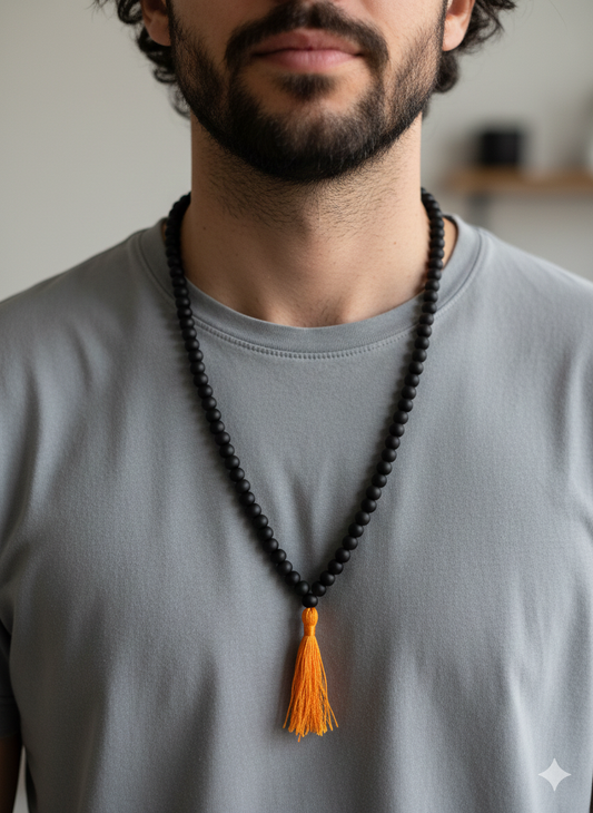Matte Black Karungali Mala Beads With Orange Tassel