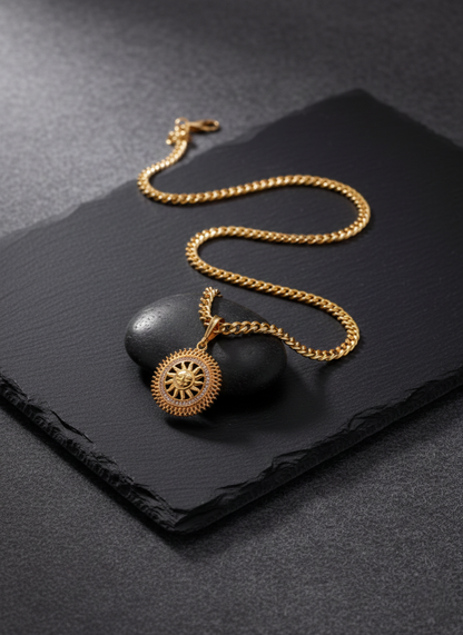 Men's Gold Plated Celestial Sun Medallion Pendant On Cuban Link Chain