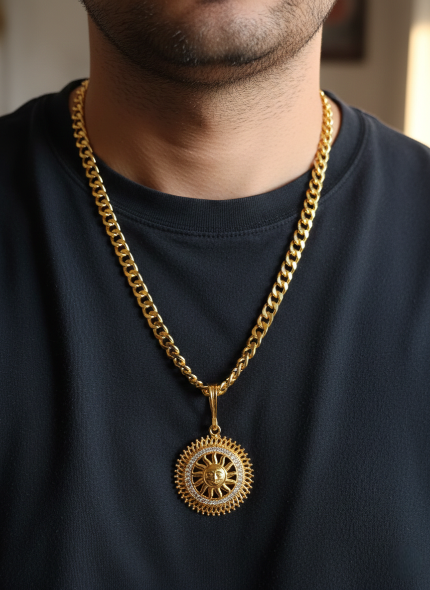 Men's Gold Plated Celestial Sun Medallion Pendant On Cuban Link Chain