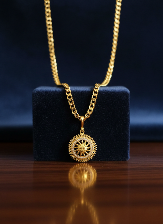 Men's Gold Plated Celestial Sun Medallion Pendant On Cuban Link Chain