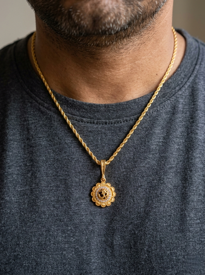 Men's Gold Plated Sunburst Om Pendant With Twisted Rope Chain
