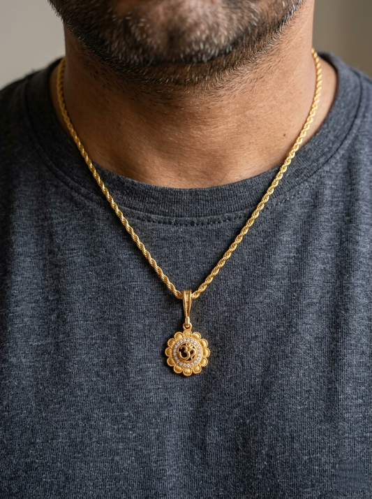 Men's Gold Plated Sunburst Om Pendant With Twisted Rope Chain