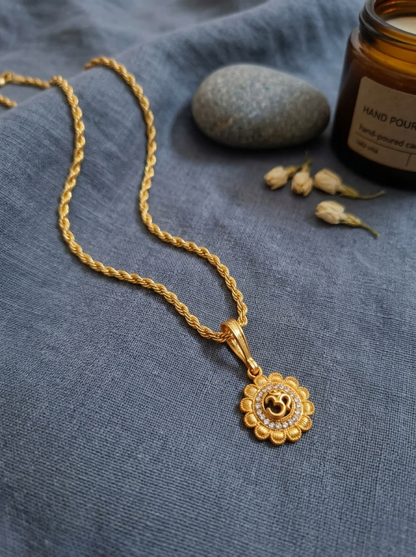 Men's Gold Plated Sunburst Om Pendant With Twisted Rope Chain