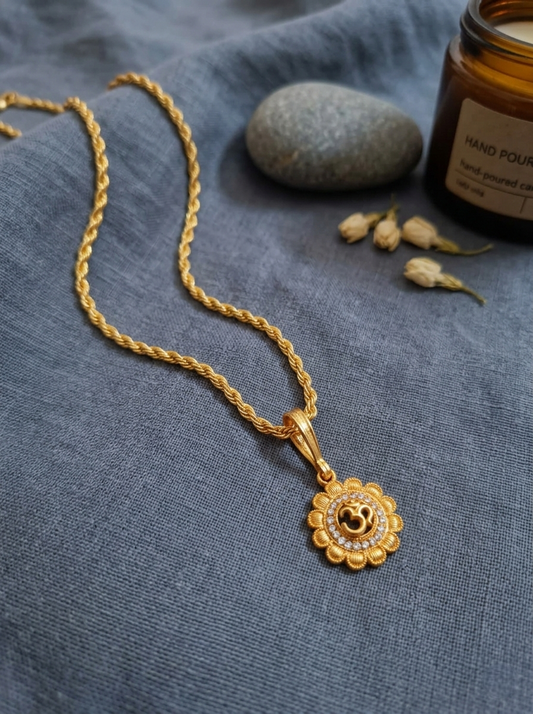 Men's Gold Plated Sunburst Om Pendant With Twisted Rope Chain