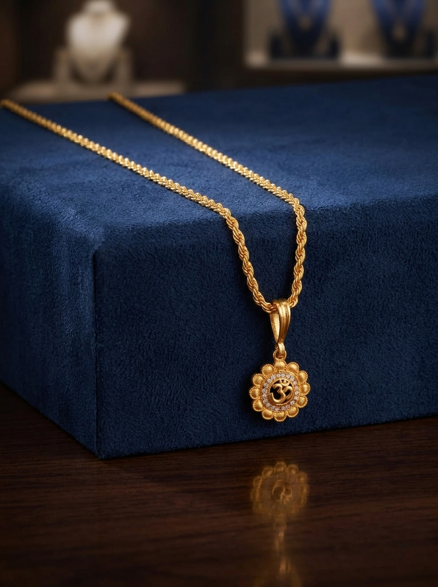 Men's Gold Plated Sunburst Om Pendant With Twisted Rope Chain