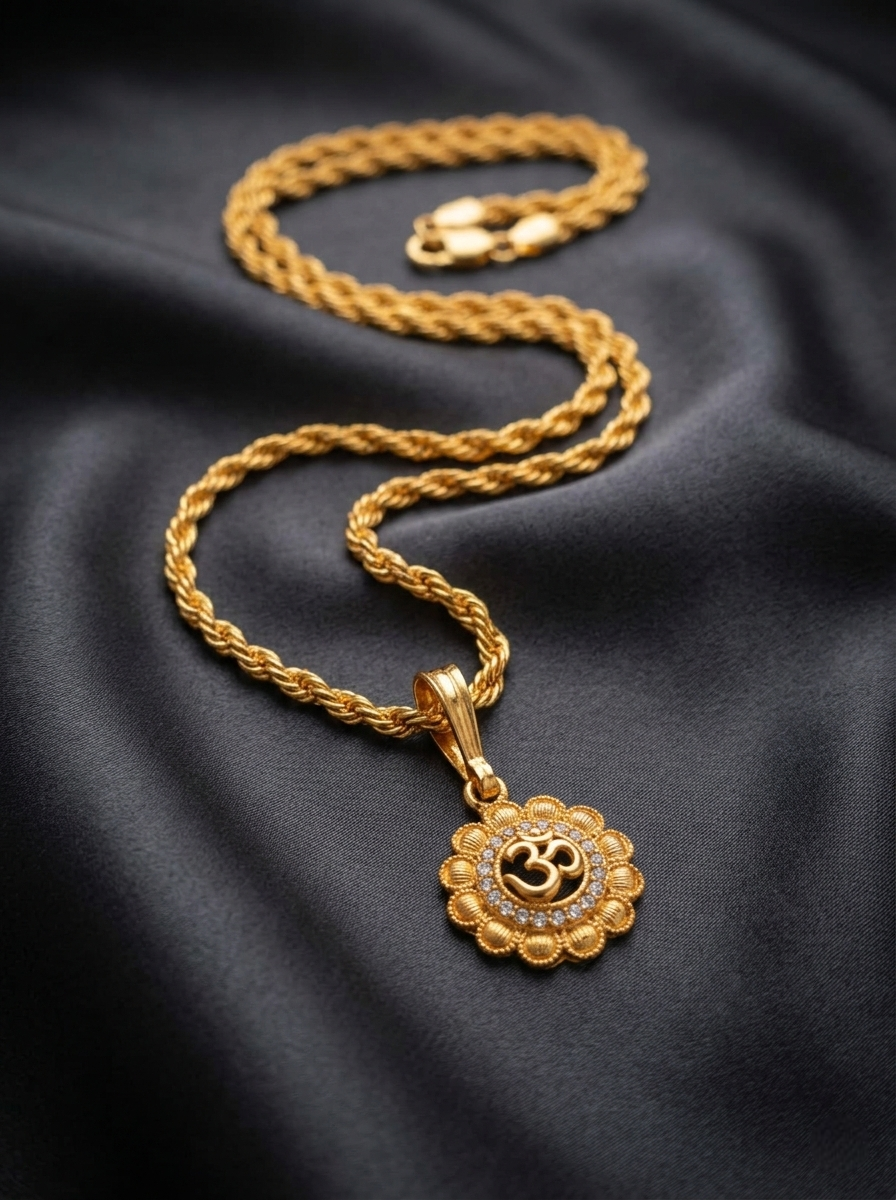 Men's Gold Plated Sunburst Om Pendant With Twisted Rope Chain