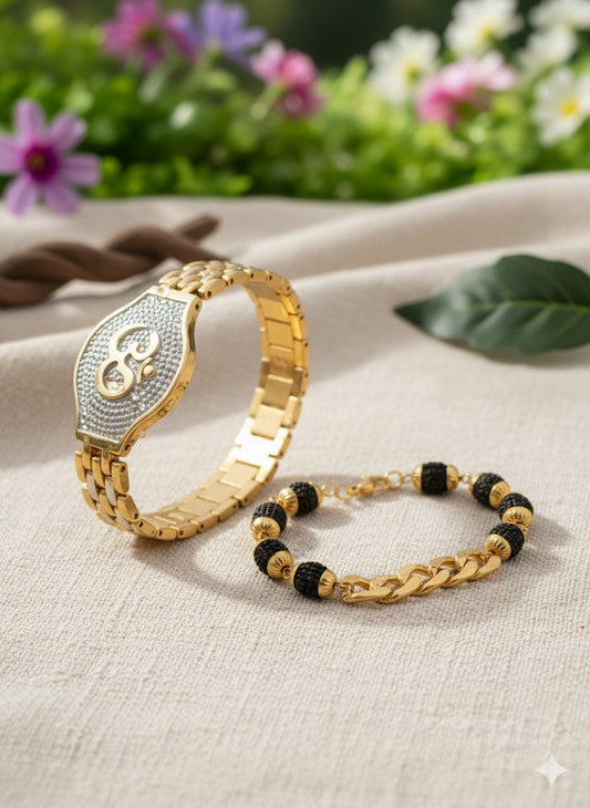 Men's Gold-Plated "Om" Designer Kada & Rudraksha Fusion Bracelet