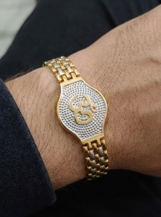 Men's Gold-Plated "Om" Designer Kada & Rudraksha Fusion Bracelet