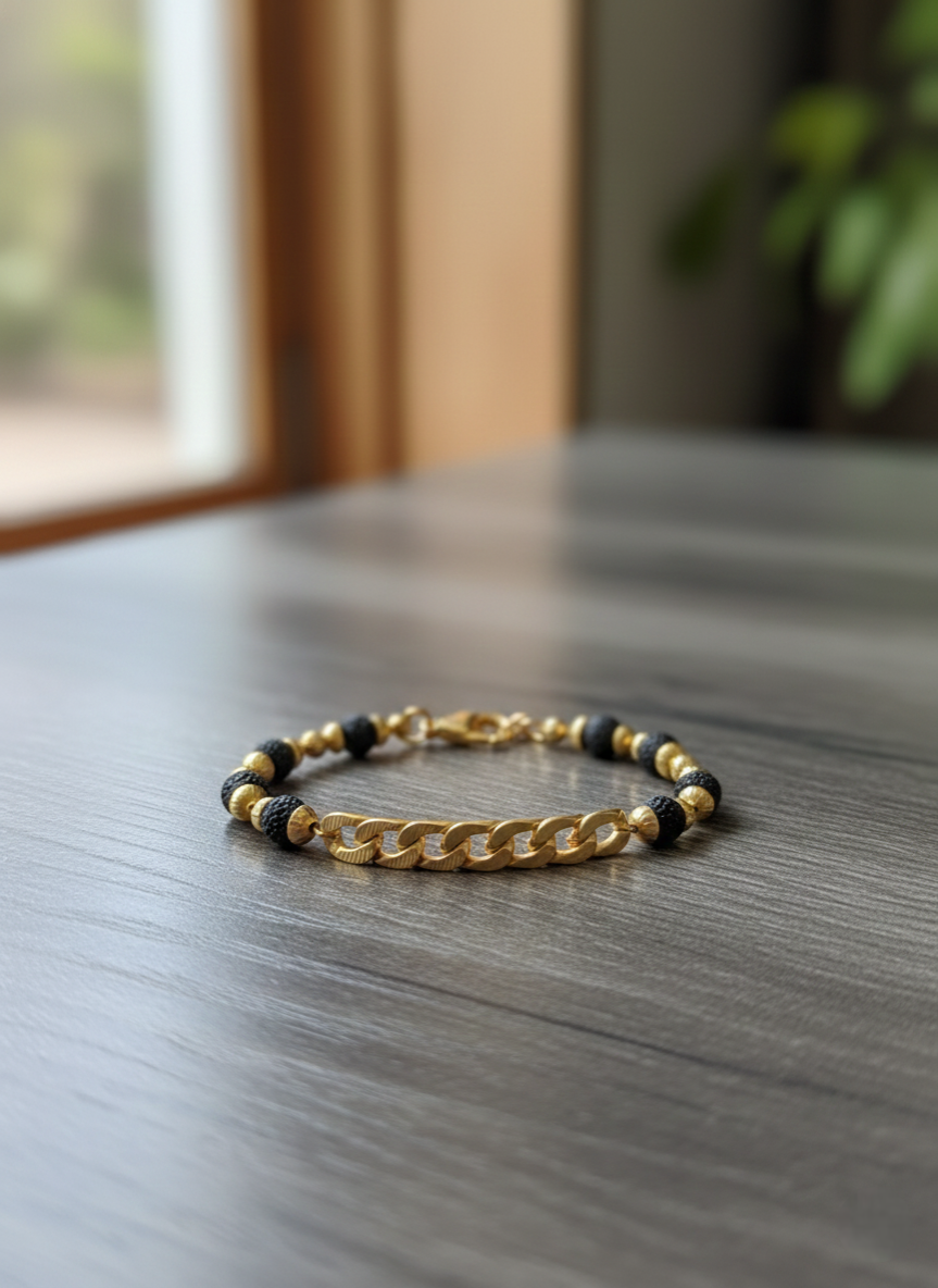 Men's Gold-Plated "Om" Designer Kada & Rudraksha Fusion Bracelet