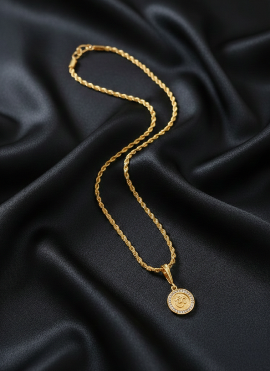 Men's Om Pendant With Gold-Tone Twisted Rope Chain