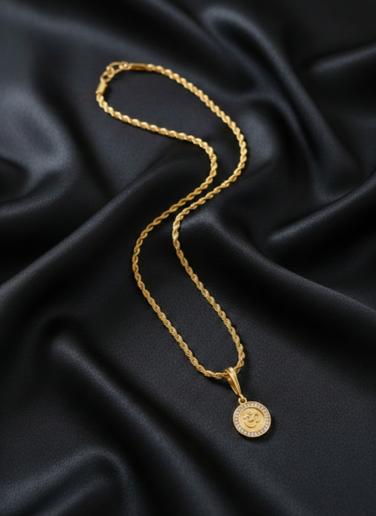Men's Om Pendant With Gold-Tone Twisted Rope Chain