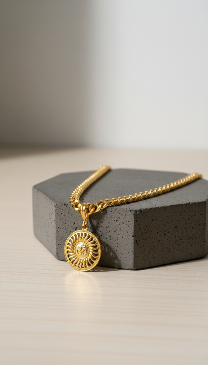 Men's Om Surya Medallion On Heavy Cuban Link Chain