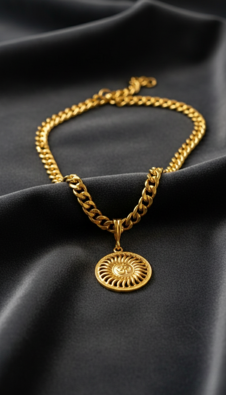 Men's Om Surya Medallion On Heavy Cuban Link Chain