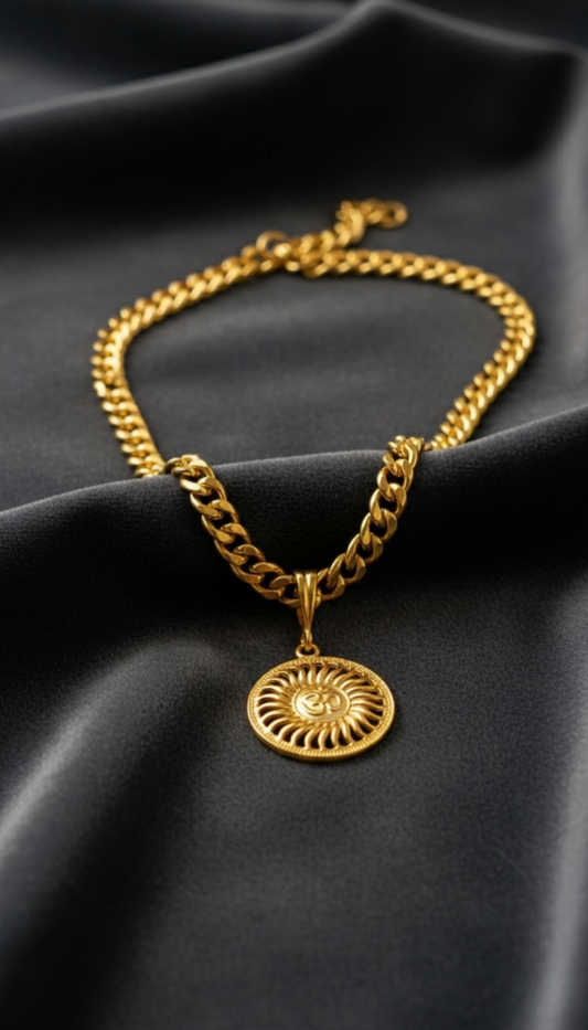 Men's Om Surya Medallion On Heavy Cuban Link Chain