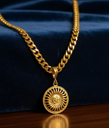 Men's Om Surya Medallion On Heavy Cuban Link Chain