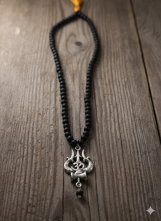 Men's Silver-Toned Sacred Trishula & Om Pendant With Devotional Mala