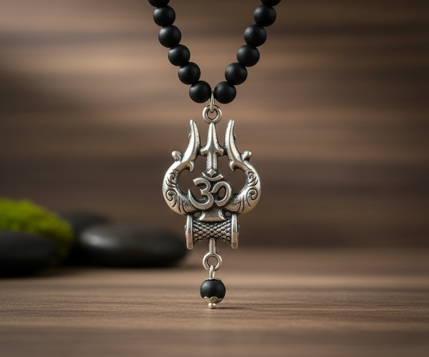 Men's Silver-Toned Sacred Trishula & Om Pendant With Devotional Mala
