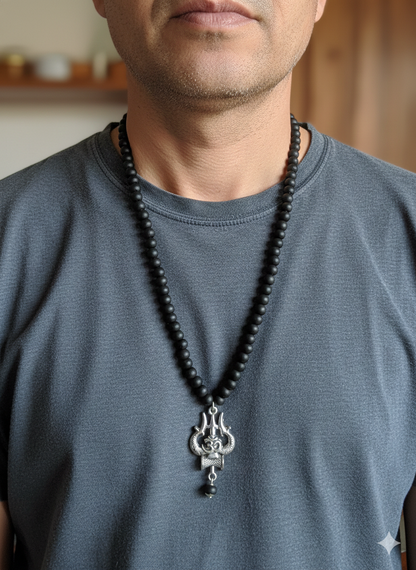Men's Silver-Toned Sacred Trishula & Om Pendant With Devotional Mala