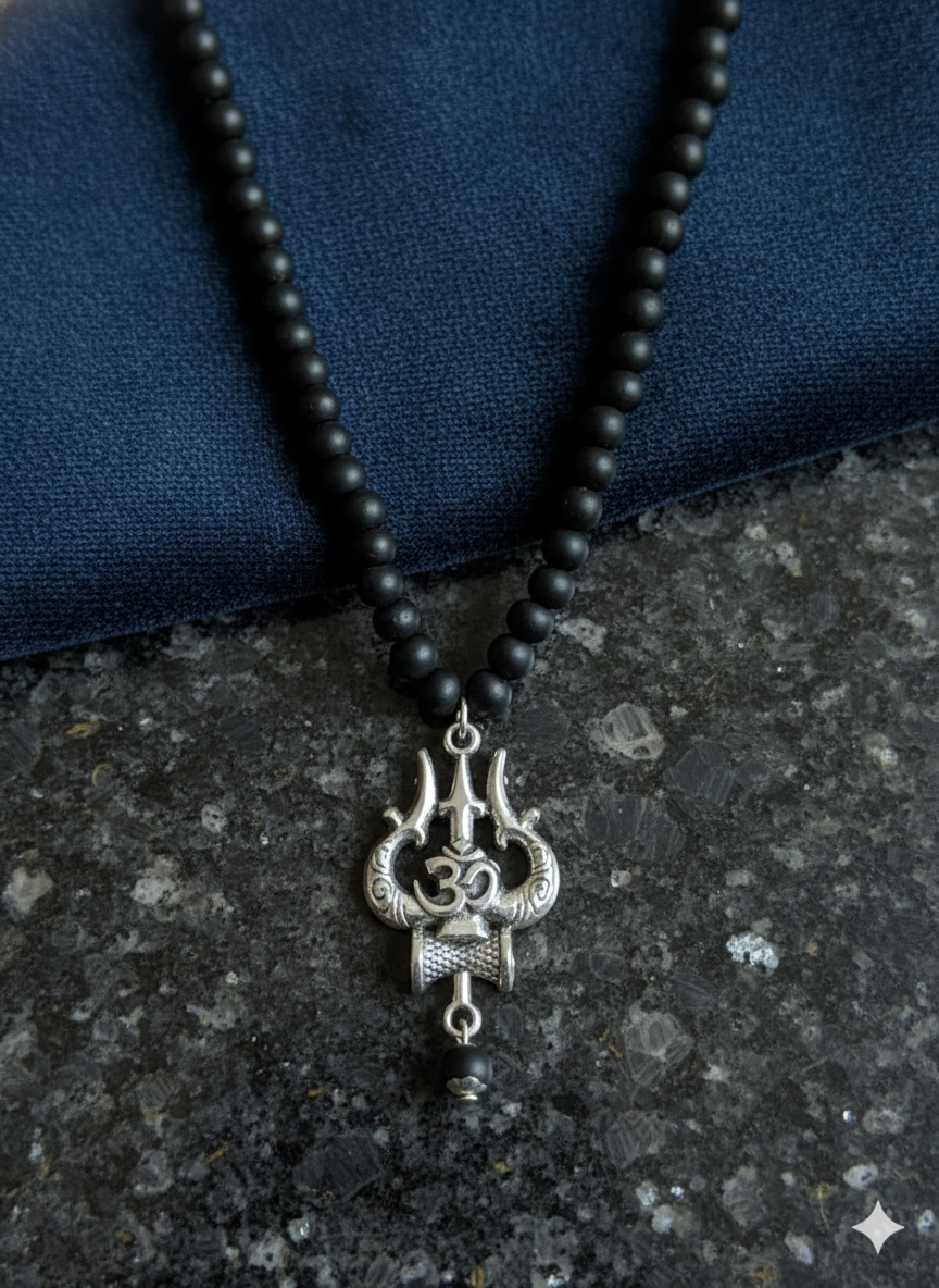 Men's Silver-Toned Sacred Trishula & Om Pendant With Devotional Mala