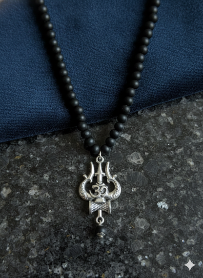 Men's Silver-Toned Sacred Trishula & Om Pendant With Devotional Mala