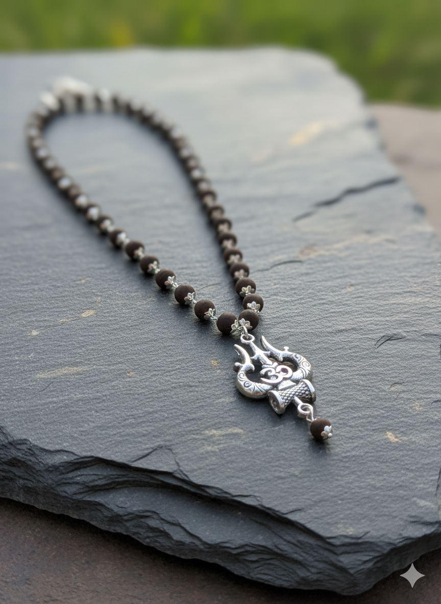 Men's Silver-Toned Sacred Trishula & Om Pendant With Karungali Mala