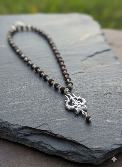 Men's Silver-Toned Sacred Trishula & Om Pendant With Karungali Mala