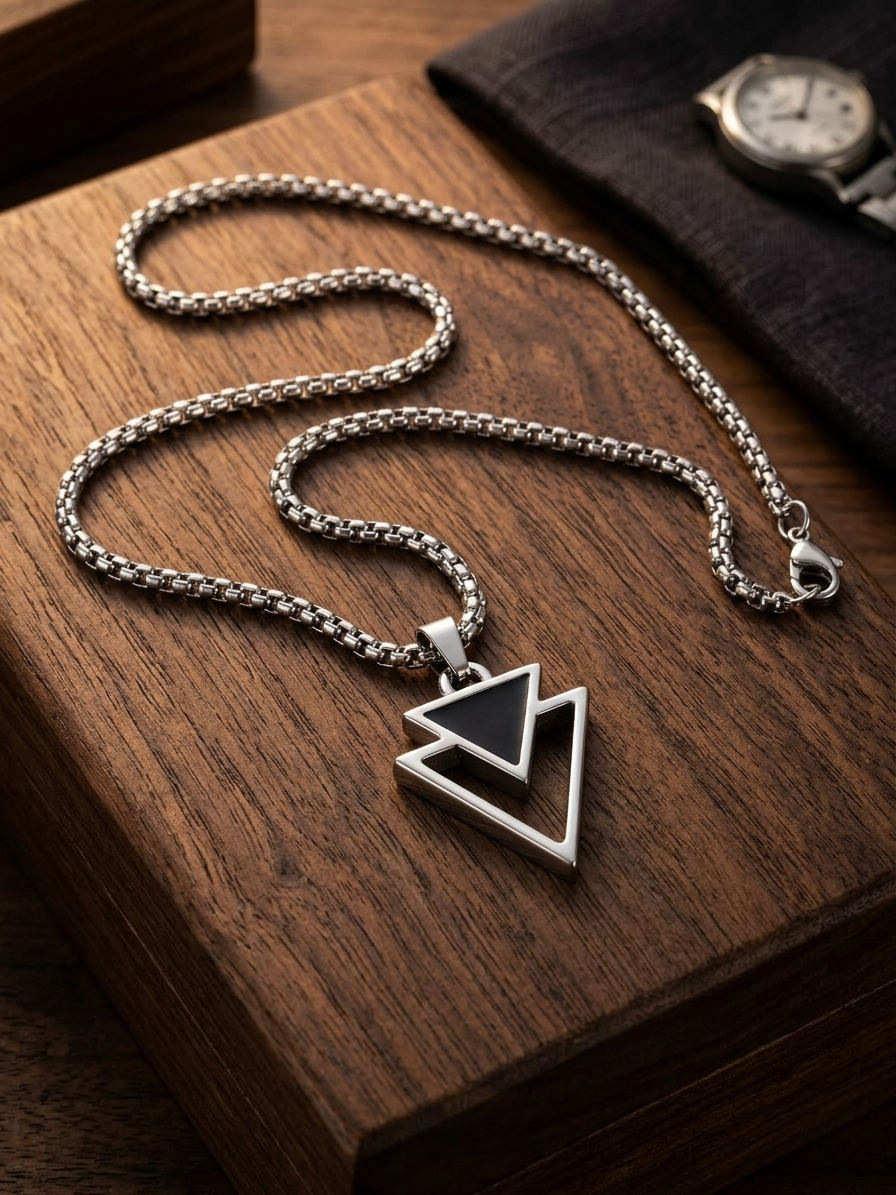 Men's Urban Edge Geometric Dual-Triangle Pendant With Box Chain