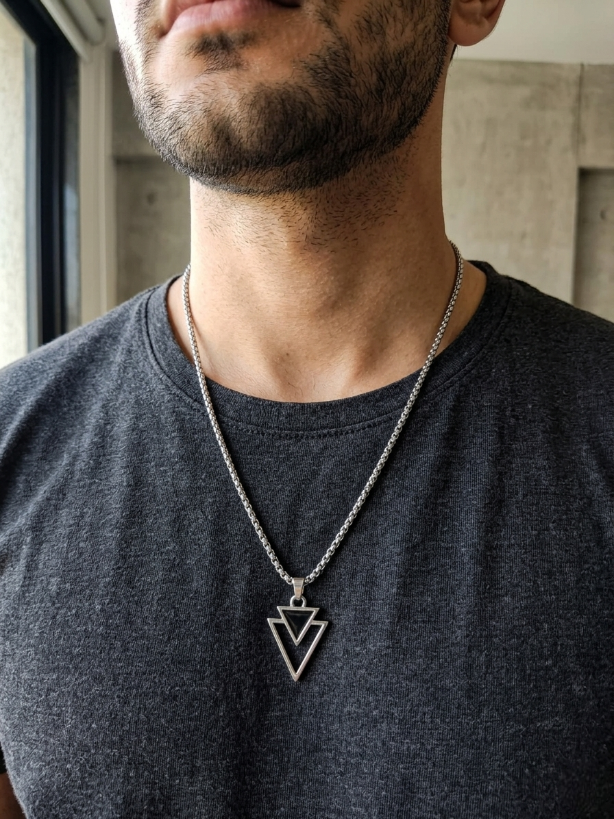 Men's Urban Edge Geometric Dual-Triangle Pendant With Box Chain