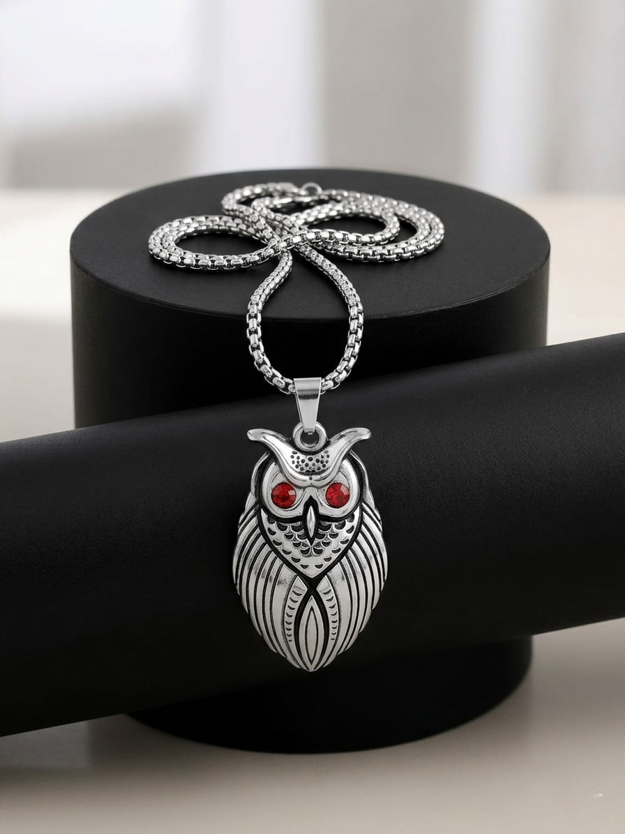 Men's Vintage Silver-Toned Owl Pendant with Red Stone Eyes and Box Chain