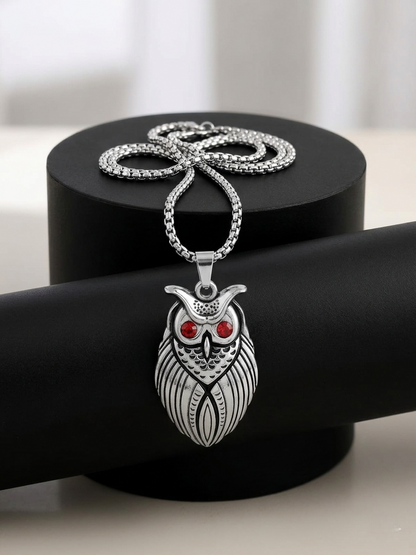 Men's Vintage Silver-Toned Owl Pendant with Red Stone Eyes and Box Chain